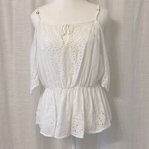 Guess Size L Samantha Cold Shoulder Eyelet Embroidered Babydoll Blouse White